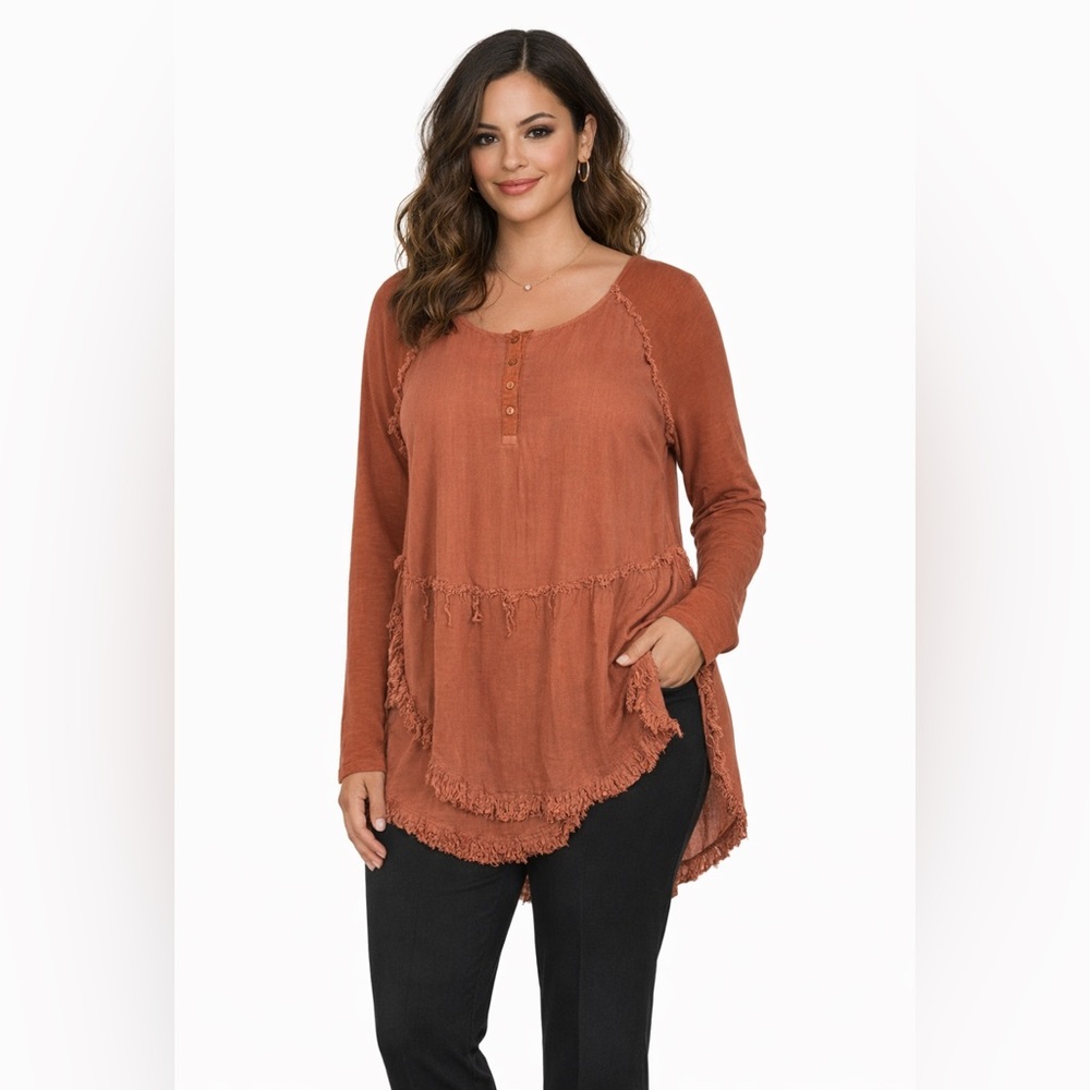 Umgee Women’s Terracotta Fringe Artsy Henley Medium Tunic Boho Top Shirt